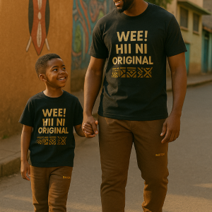Father and son walking in Baoki Blunt tee